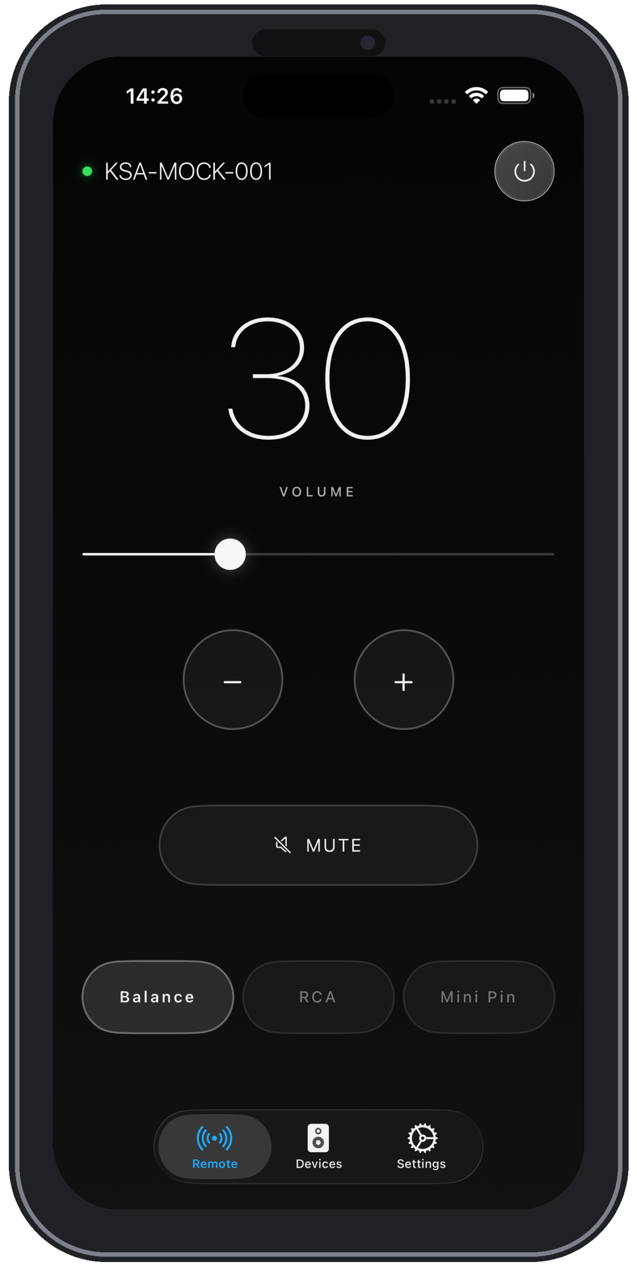 iPhoneの端末フレーム内に表示したKSA Remoteのリモート操作画面