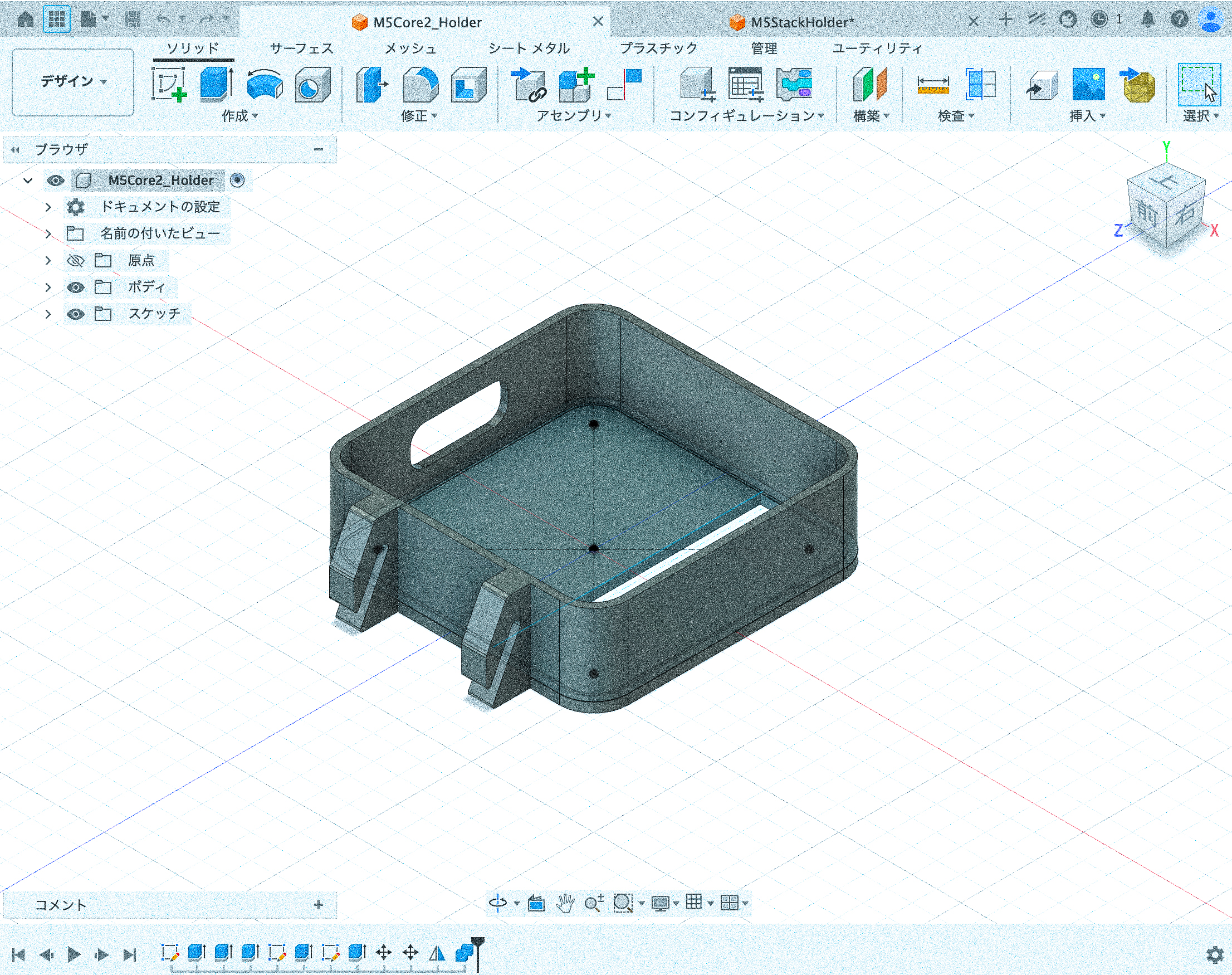 壁面に設置したM5Stack Core2を固定する3Dプリントホルダー